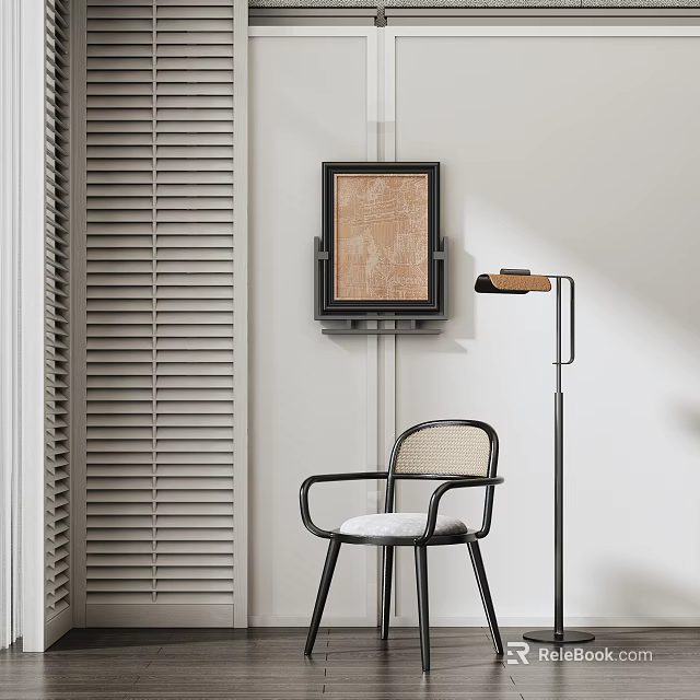 Modern Leisure Chair With Wicker Design Metal Frame Floor Lamp And Wall Artwork Interior 3d model 