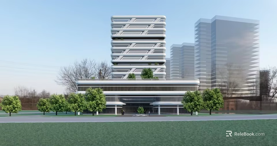 Modern High Rise Building With Geometric Facade And Greenery In Urban Area 3d model 