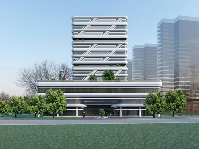 Modern High Rise Building With Geometric Facade And Greenery In Urban Area 3d model