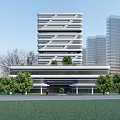 Modern High Rise Building With Geometric Facade And Greenery In Urban Area