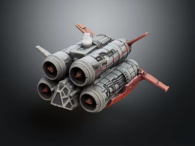 Scifi Spaceship 3D Model With Multiple Engines And Gray Red Mechanical Structure 3d model