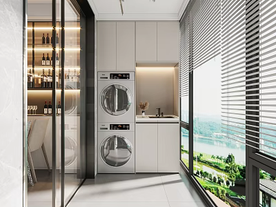 Modern Home Balcony With Wine Storage Washing Machine Dryer Cabinets Blinds And Scenic View 3d model
