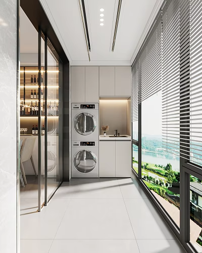 Modern Home Balcony With Wine Storage Washing Machine Dryer Cabinets Blinds And Scenic View 3d model