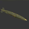 Green Military Bomb With Tail Fins And Yellow Markings On Gray Background