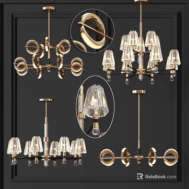 Elegant Modern Chandeliers With Gold Metal Frame And Crystal Glass Shades 3d model 