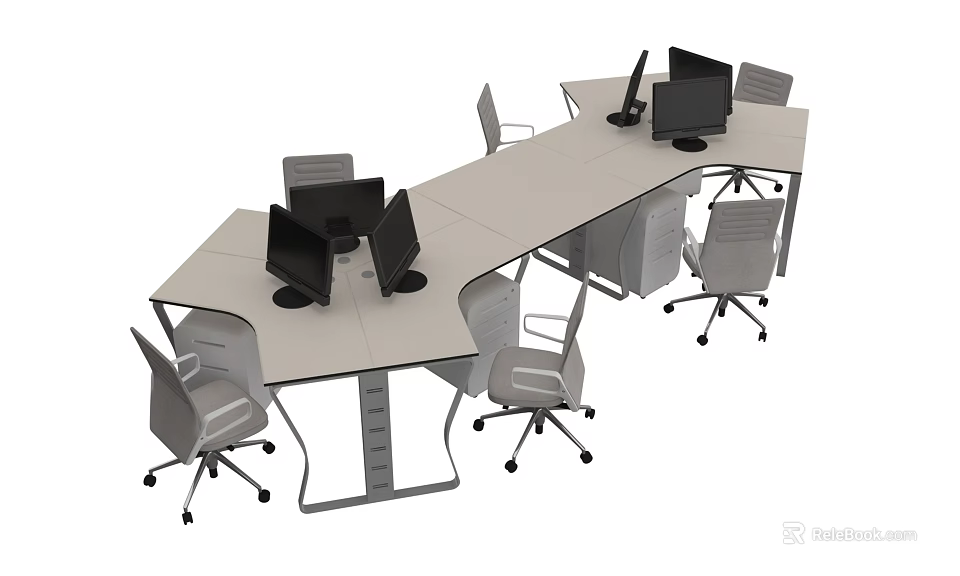 Modular Office Desk Workstation With Multiple Computer Monitors And Ergonomic Chairs 3d model