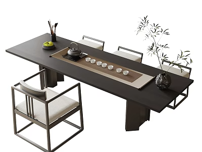 Elegant Tea Table and Chairs with Tea Tray Cups Teapot and Bamboo Plant 3d model