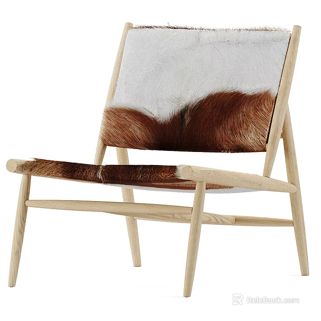 Natural Wooden Frame Accent Chair Featuring White And Brown Fur Seat Design 3d model 