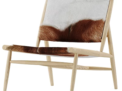 Natural Wooden Frame Accent Chair Featuring White And Brown Fur Seat Design 3d model