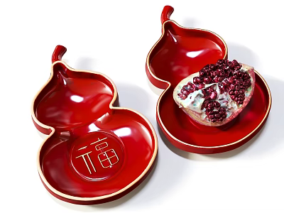 Red Gourd Shaped Plate Decoration Featuring Pomegranate And Chinese Fu Character 3d model