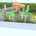 Fun Kindergarten Outdoor Playground With Slide Climbing Net Wooden Cabin And Grass Lawn