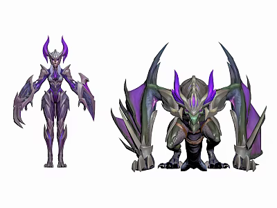 Humanoid Character And Dragon Like Creature With Purple Horns And Wings 3d model