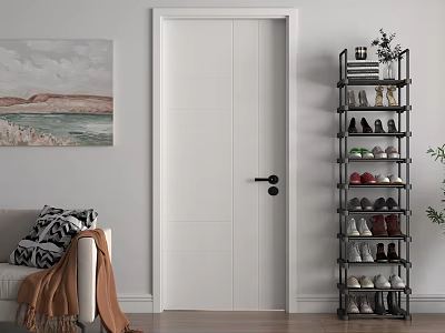 Black Multi Tiered Shoe Rack With Various Shoes In Living Room With Sofa And Painting 3d model