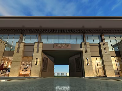 Modern Entrance Gate With Stone Facade Glass Doors And Outdoor Lighting 3d model