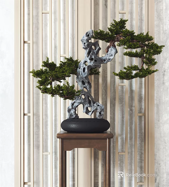 Artistic Bonsai Tree With Twisted Trunk Green Foliage On Black Base Wooden Table 3d model 
