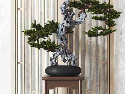Artistic Bonsai Tree With Twisted Trunk Green Foliage On Black Base Wooden Table 3d model