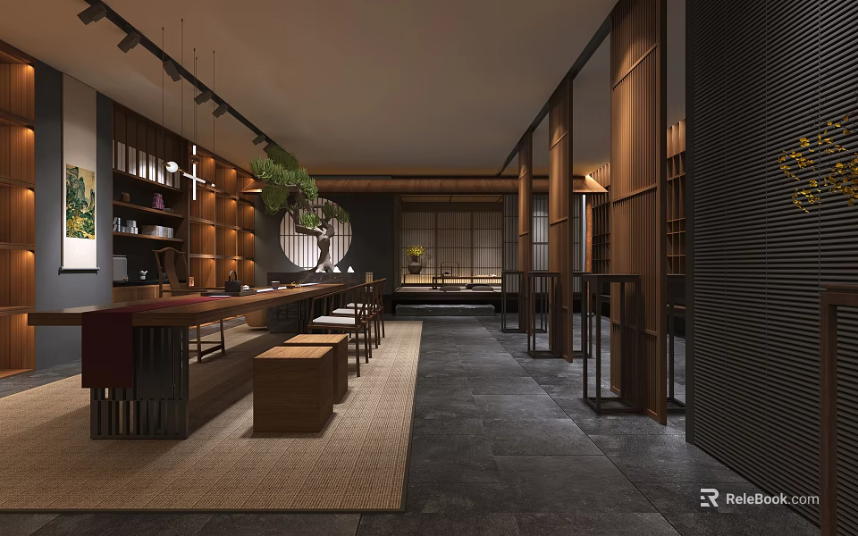 Modern Traditional Tea House Interior With Long Wooden Table Stools And Hanging Lights 3d model 