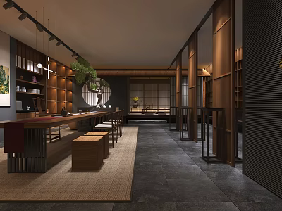 Modern Traditional Tea House Interior With Long Wooden Table Stools And Hanging Lights 3d model