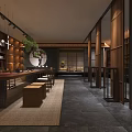 Modern Traditional Tea House Interior With Long Wooden Table Stools And Hanging Lights