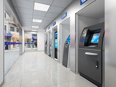 Modern Bank Lobby With Multiple ATM Machines And Self Service Devices 3d model