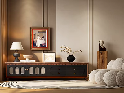 Dark Brown TV Cabinet With Table Lamp Framed Painting Vase Sculpture Beside White Round Sofa 3d model