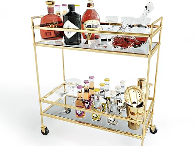 Cocktail Ingredients and Liquor Bottles on Stylish Gold Two Tier Bar Cart with Glassware 3d model