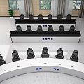 Efficient Control Room Setup With Multiple Monitor Rows Ergonomic Chairs And Large Digital Display Panel 3d model