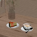 Delicious Cheesecake With Strawberry Sauce And Cappuccino On Wooden Table
