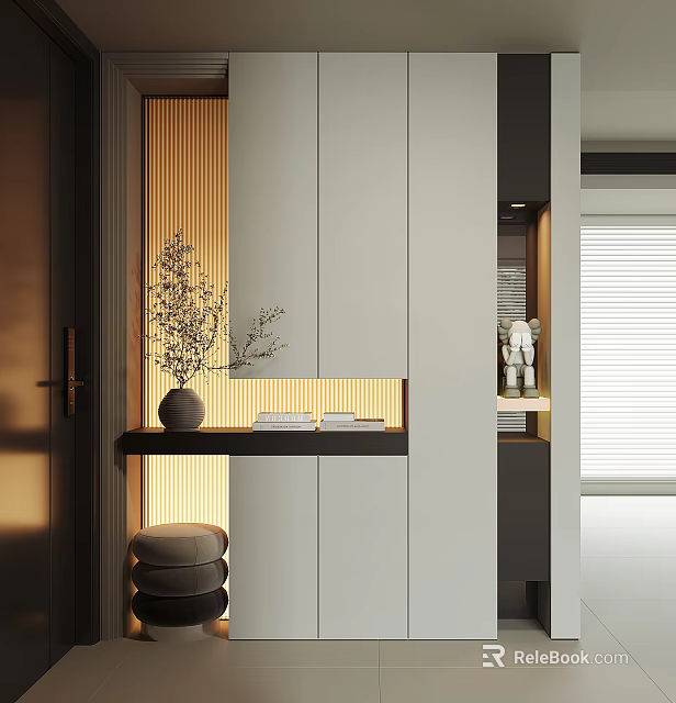Modern Shoe Cabinet With Wooden Panel Storage Design And Decorative Vase 3d model 