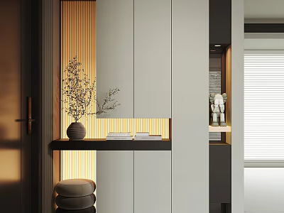 Modern Shoe Cabinet With Wooden Panel Storage Design And Decorative Vase 3d model
