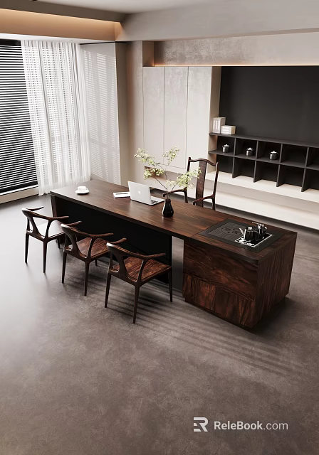 Wooden Table With Four Chairs And Laptop Vase Tray By Window Storage Cabinets 3d model 