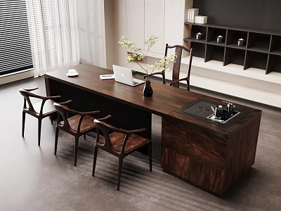 Wooden Table With Four Chairs And Laptop Vase Tray By Window Storage Cabinets 3d model