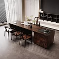 Wooden Table With Four Chairs And Laptop Vase Tray By Window Storage Cabinets