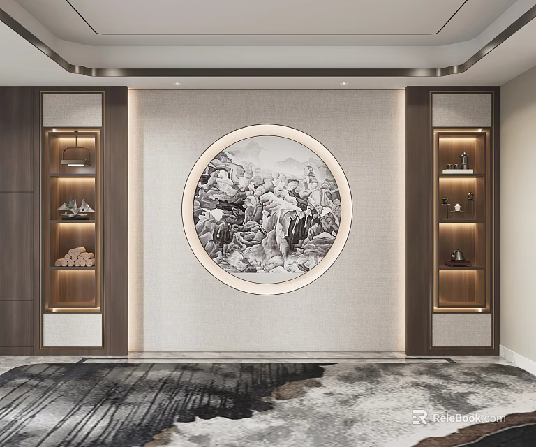 Modern Chinese Sofa Background Wall With Circular Landscape Painting And Lit Wooden Shelves 3d model 