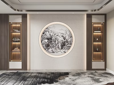 Modern Chinese Sofa Background Wall With Circular Landscape Painting And Lit Wooden Shelves 3d model