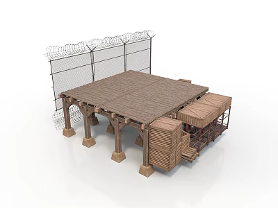 Modern Wooden Roof Structure With Barbed Wire Fence And Support Pillars 3d model
