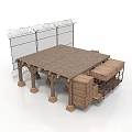 Modern Wooden Roof Structure With Barbed Wire Fence And Support Pillars