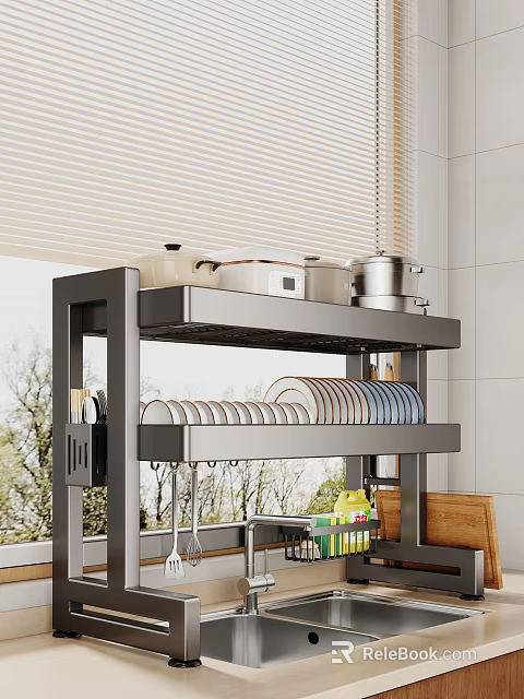 Kitchen Metal Storage Shelf With Double Layers Holding Pots And Plates 3d model 