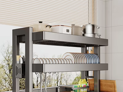 Kitchen Metal Storage Shelf With Double Layers Holding Pots And Plates 3d model