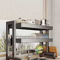 Kitchen Metal Storage Shelf With Double Layers Holding Pots And Plates