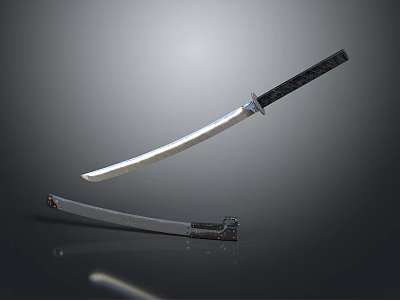 Traditional Japanese Samurai Sword With Silver Blade Black Handle And Decorative Scabbard 3d model