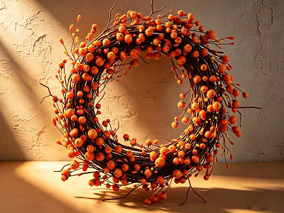 Warm Light Decorative Ornament Set with Orange Berries Twigs Wreath and Textured Wall 3d model