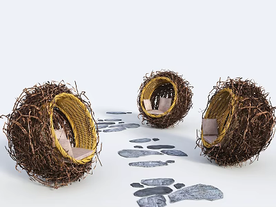 Nest Shaped Outdoor Chairs With Woven Branches On Natural Stone Ground 3d model