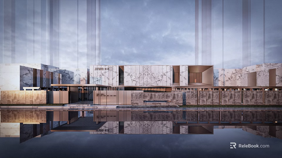 Modern Sales Office Building With Marble Facade And Water Reflection Design 3d model 