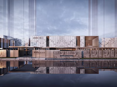 Modern Sales Office Building With Marble Facade And Water Reflection Design 3d model