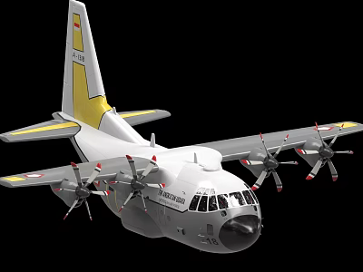 White And Yellow Transport Aircraft With Four Propellers And Vigilant Tail 3d model
