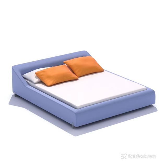 Modern Blue Frame Double Bed With White Mattress And Orange Pillows 3d model 
