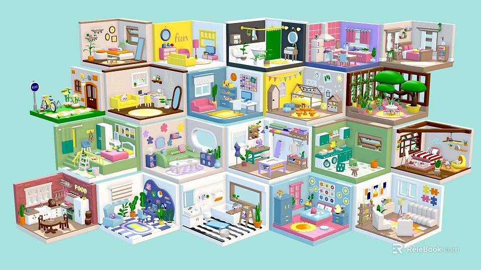 Colorful Cartoon Room Scenes With Miniature Furniture And Decorative Interior Designs 3d model 