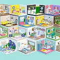 Colorful Cartoon Room Scenes With Miniature Furniture And Decorative Interior Designs