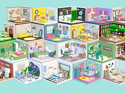Colorful Cartoon Room Scenes With Miniature Furniture And Decorative Interior Designs 3d model